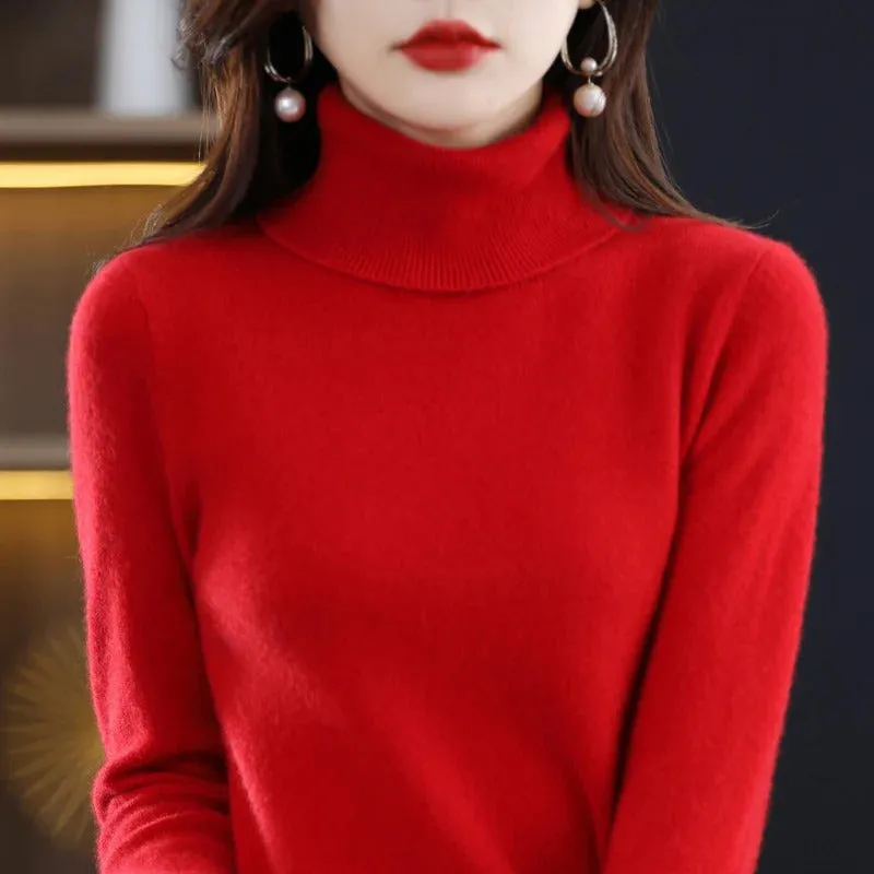 100% Merino Wool Cashmere Sweater Women Knitted Sweater Turtleneck Long Sleeve Pullovers Autumn Winter Clothing Warm Jumper Tops