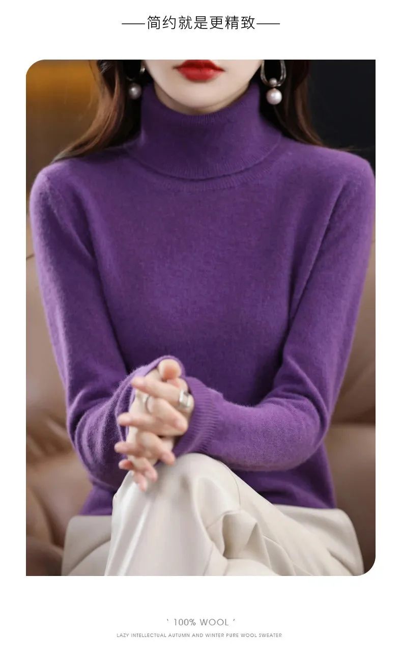 100% Merino Wool Cashmere Sweater Women Knitted Sweater Turtleneck Long Sleeve Pullovers Autumn Winter Clothing Warm Jumper Tops