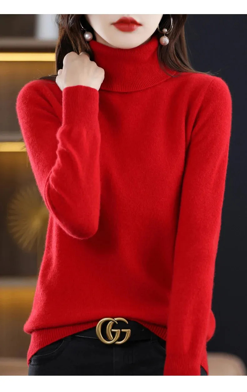 100% Merino Wool Cashmere Sweater Women Knitted Sweater Turtleneck Long Sleeve Pullovers Autumn Winter Clothing Warm Jumper Tops