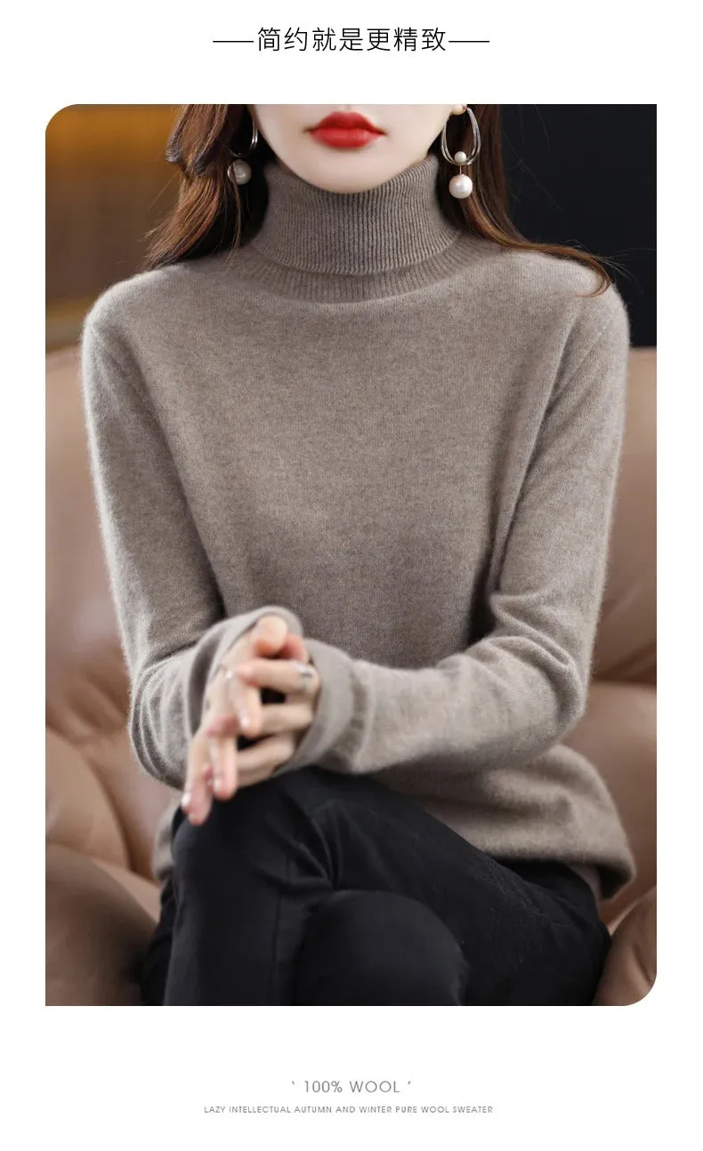 100% Merino Wool Cashmere Sweater Women Knitted Sweater Turtleneck Long Sleeve Pullovers Autumn Winter Clothing Warm Jumper Tops