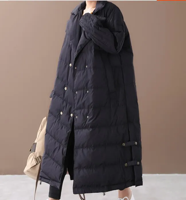 A-line Long Winter Puffer Coat  Side Pockets Down Jacket Women Down Coats 2330