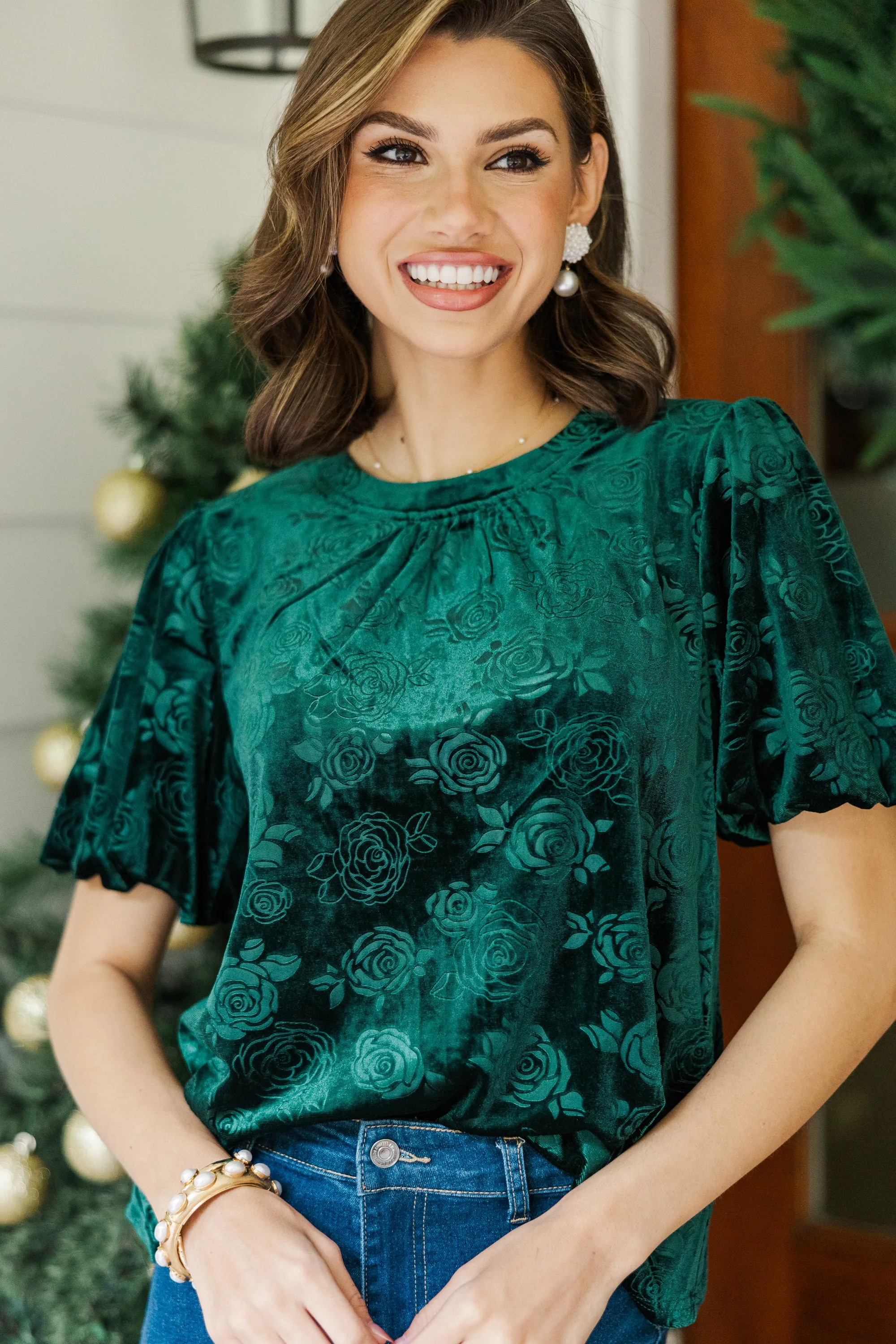 All In Emerald Green Floral Velvet Blouse