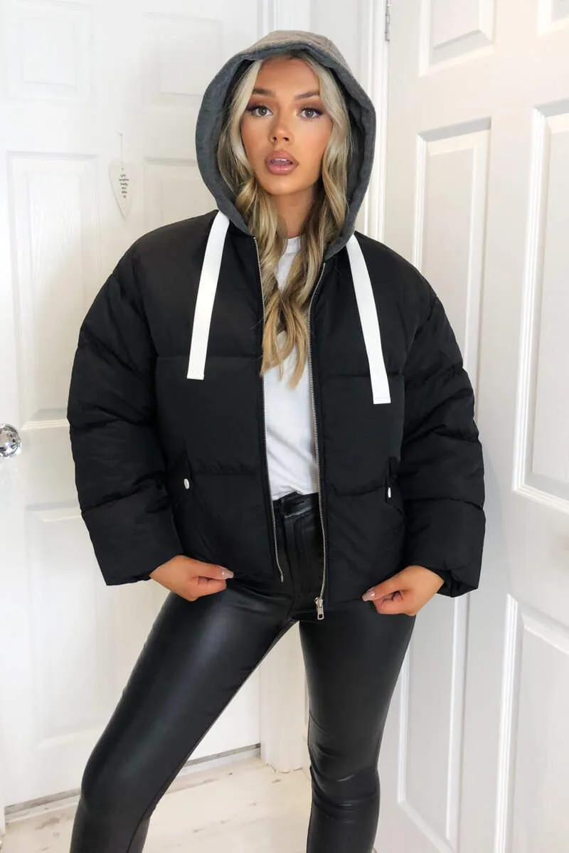 Black Fabric Hood Puffer Jacket