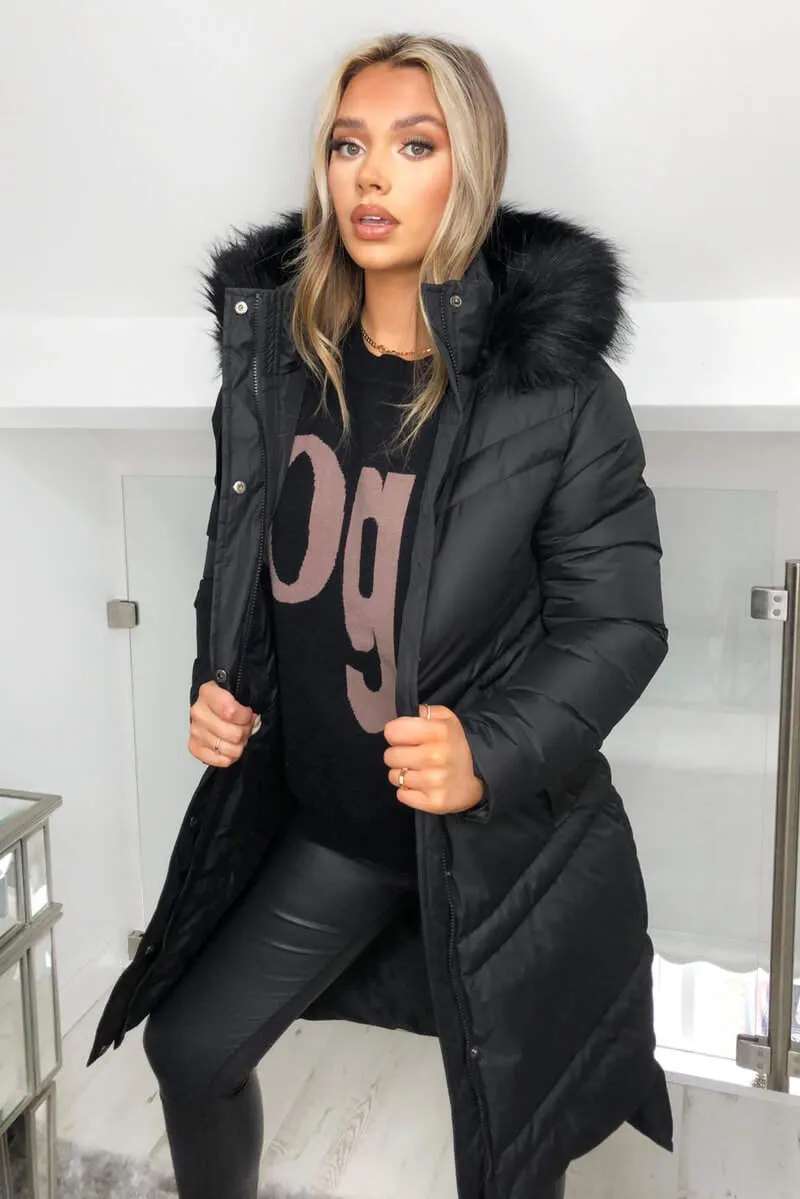 Black Padded Long-line Puffer Coat