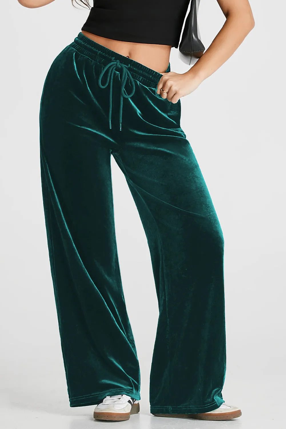 Black Solid Drawstring Waist Wide Leg Pants