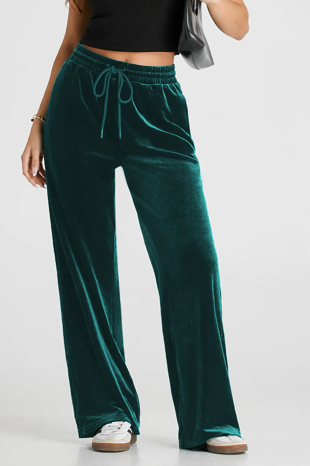 Black Solid Drawstring Waist Wide Leg Pants