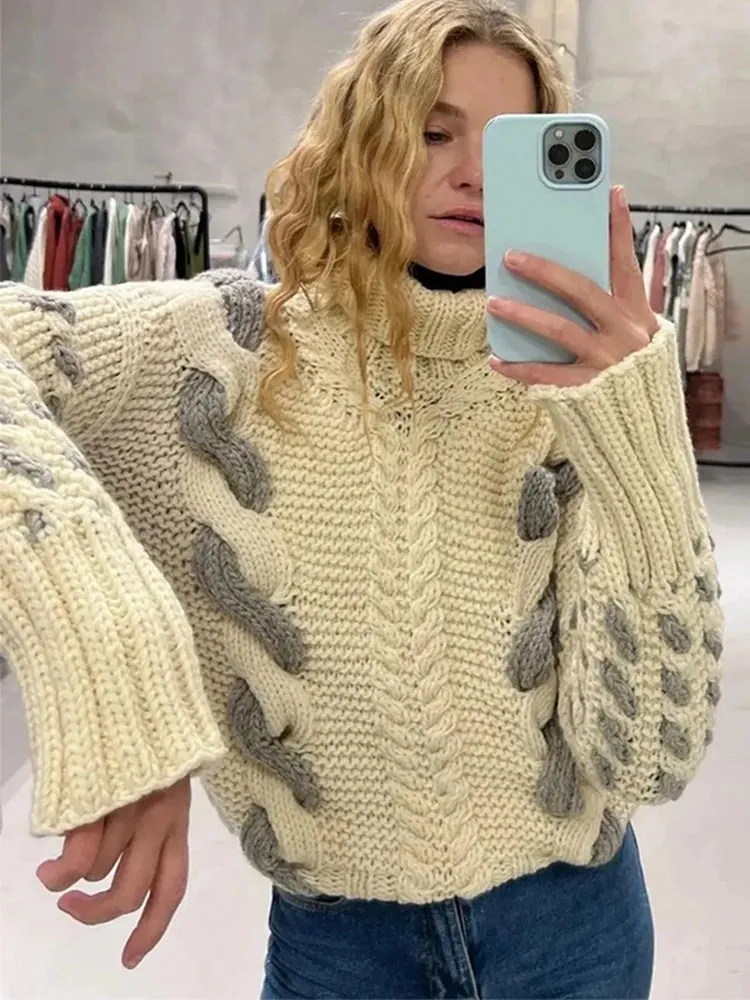 Bonnyshow Knitted Turtleneck Women's Sweater Double Color Twists Pullover New Fashion Knitting Sweaters Autumn Warm Windproof Pullovers