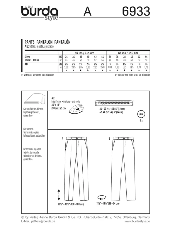 Burda 6933 Men's Fitted Trousers Sewing Pattern