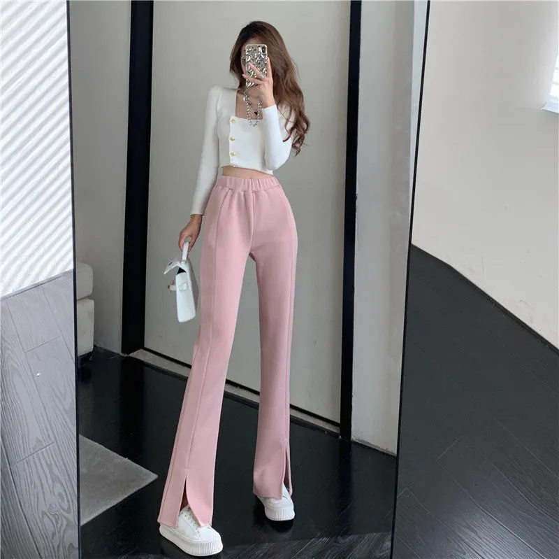 Causual Chic Black Pink White Comfy Velvet Long Wide Leg Gathered Waist Pants