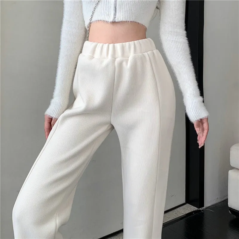 Causual Chic Black Pink White Comfy Velvet Long Wide Leg Gathered Waist Pants