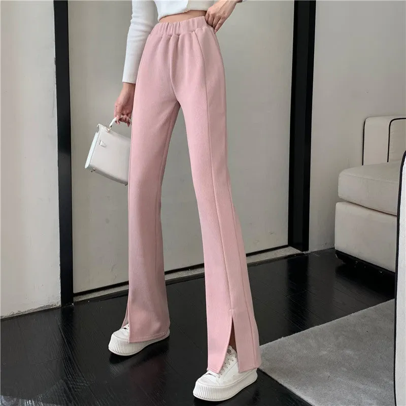 Causual Chic Black Pink White Comfy Velvet Long Wide Leg Gathered Waist Pants