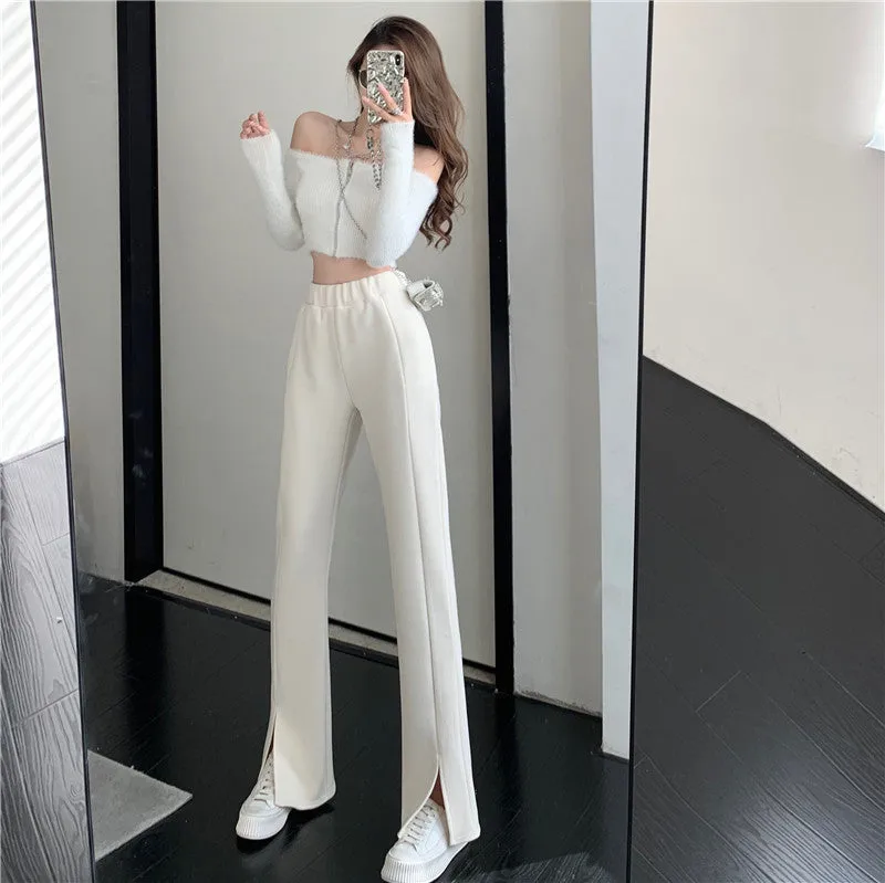 Causual Chic Black Pink White Comfy Velvet Long Wide Leg Gathered Waist Pants