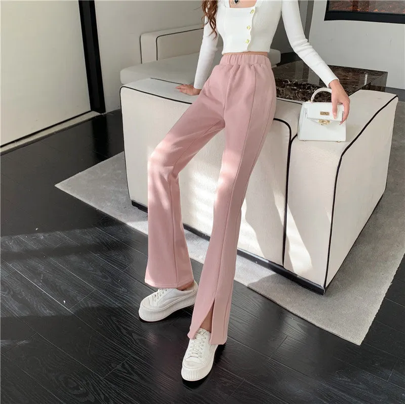 Causual Chic Black Pink White Comfy Velvet Long Wide Leg Gathered Waist Pants