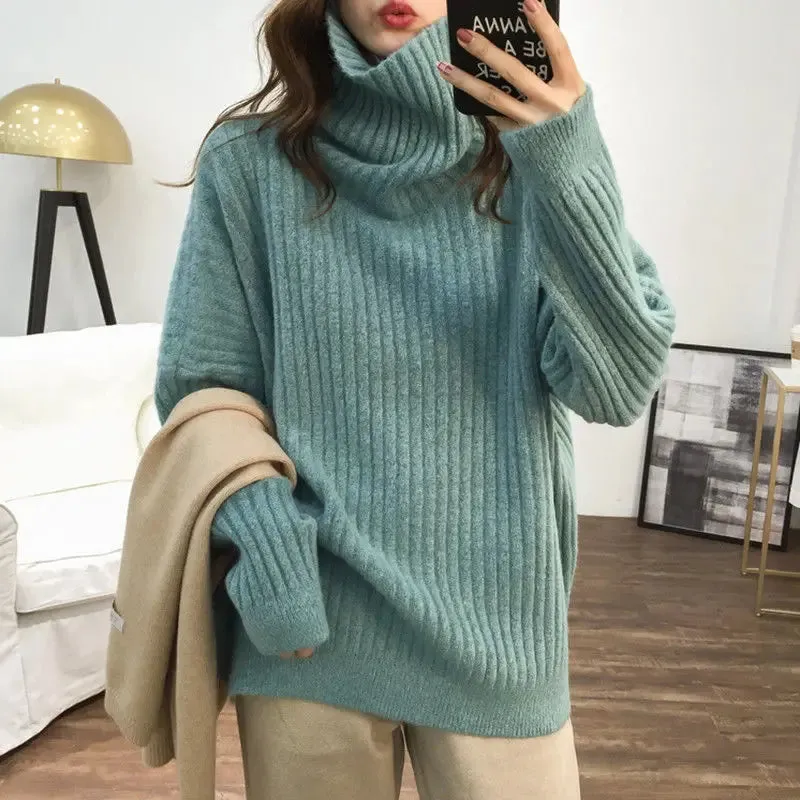 christmas outfit Joskaa Autumn Winter New Solid Color Fashion Long Sleeve Sweater Women High Street Casual Loose Thicken Pullovers Elegant Warm Tops