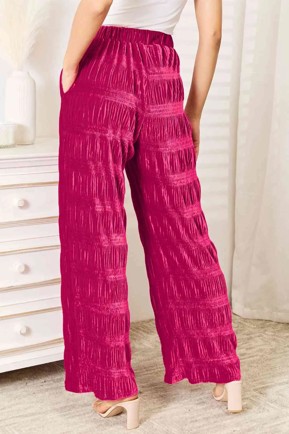 Double Take High Waist Tiered Shirring Velvet Wide Leg Pants