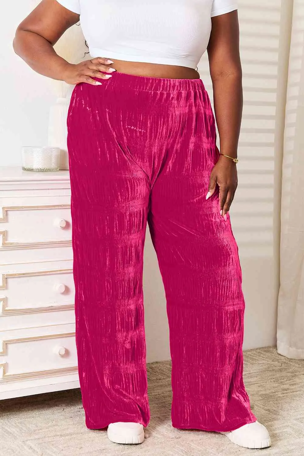 Double Take High Waist Tiered Shirring Velvet Wide Leg Pants