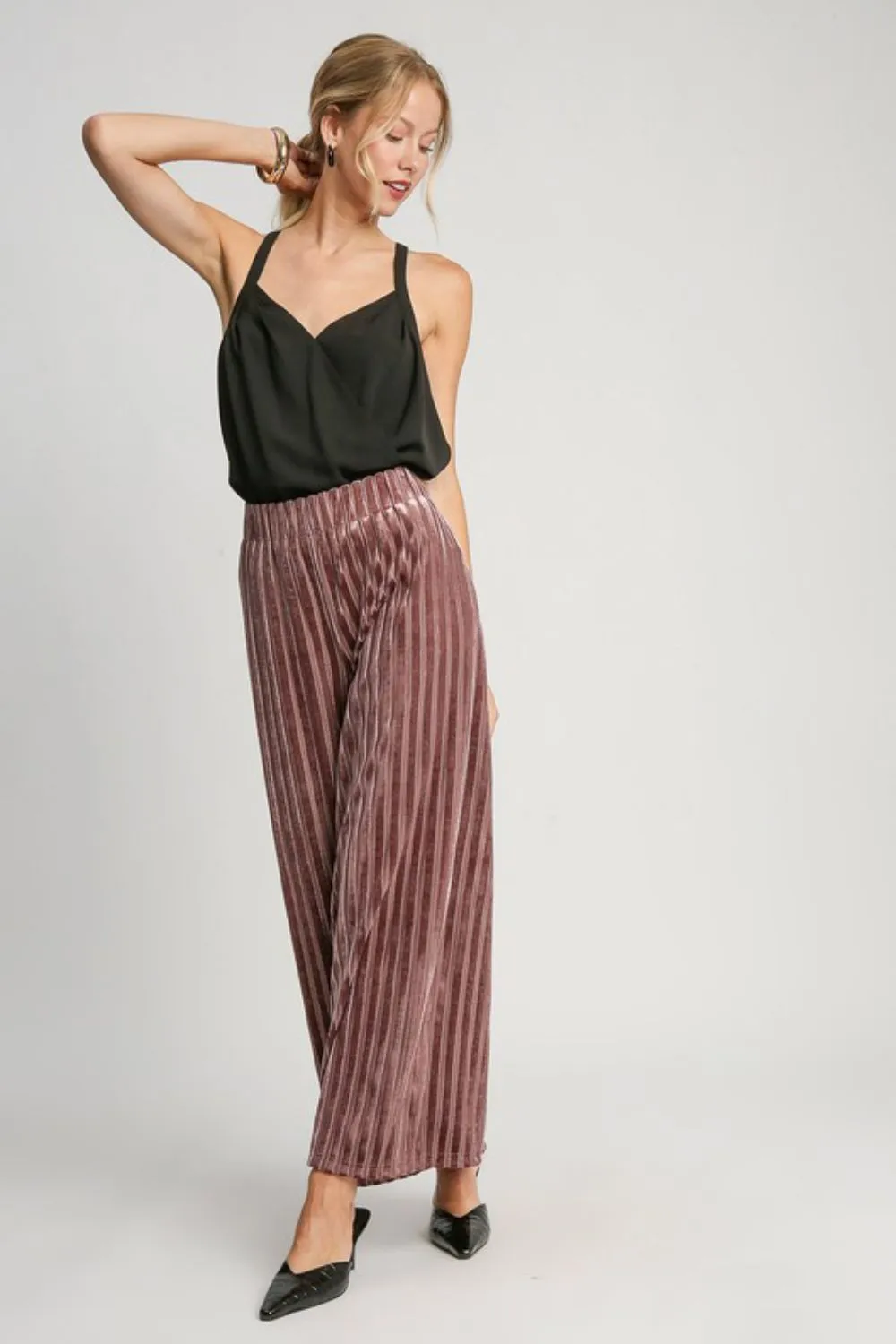 Elastic Waist Striped Wide Leg Velvet Pants - Burgundy