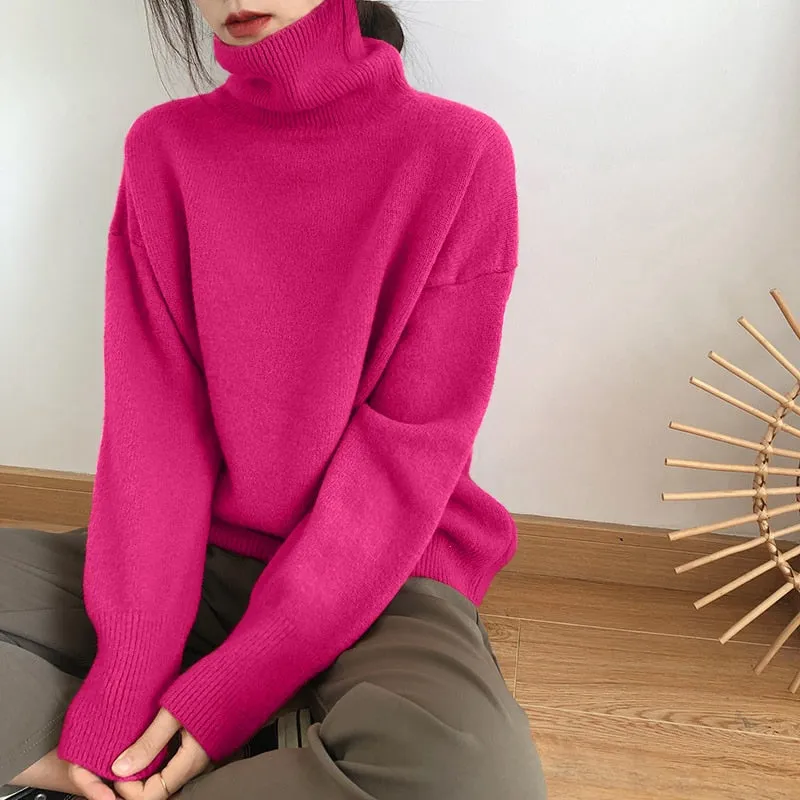 Fashionkova Cashmere Elegant Turtle Neck Women Sweater Soft Knitted Basic Pullovers O Neck Loose Warm Female Knitwear Jumper