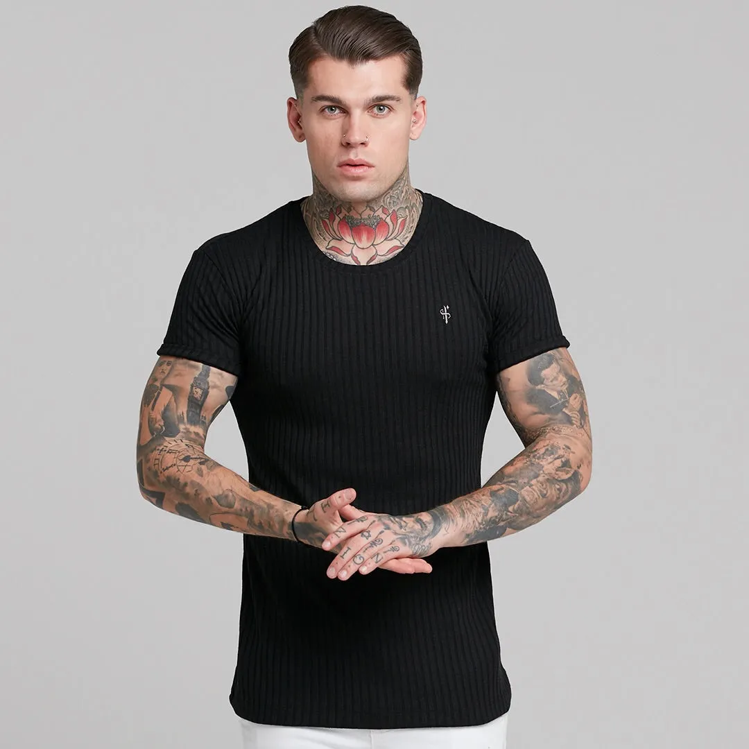 Father Sons Classic Black Ribbed Knit Super Slim Short Sleeve Crew - FSH241