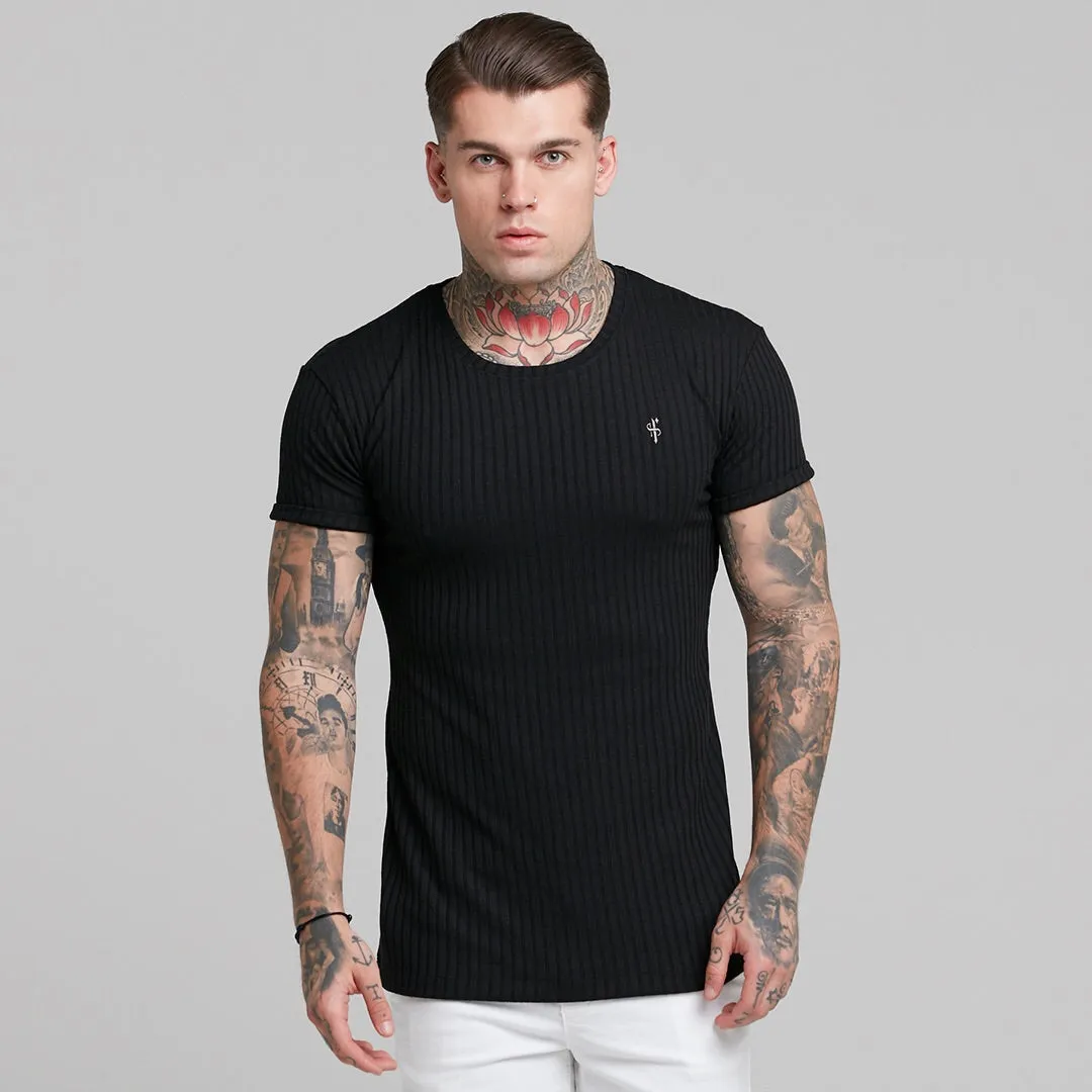 Father Sons Classic Black Ribbed Knit Super Slim Short Sleeve Crew - FSH241