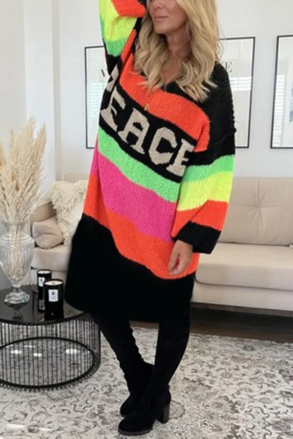 Ivyshape | Casual Peace Pattern Color Blocks Stripped Midi Sweater Dress