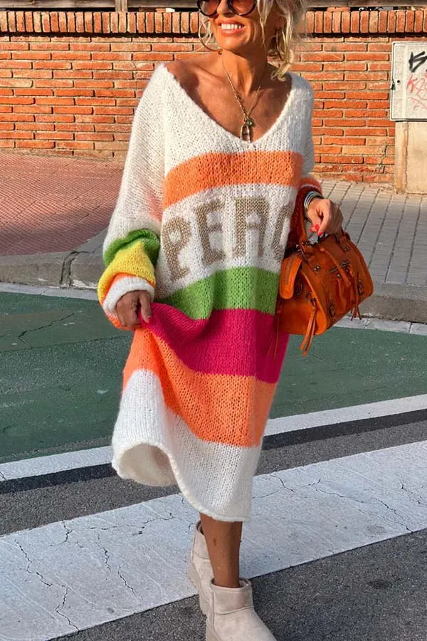 Ivyshape | Casual Peace Pattern Color Blocks Stripped Midi Sweater Dress