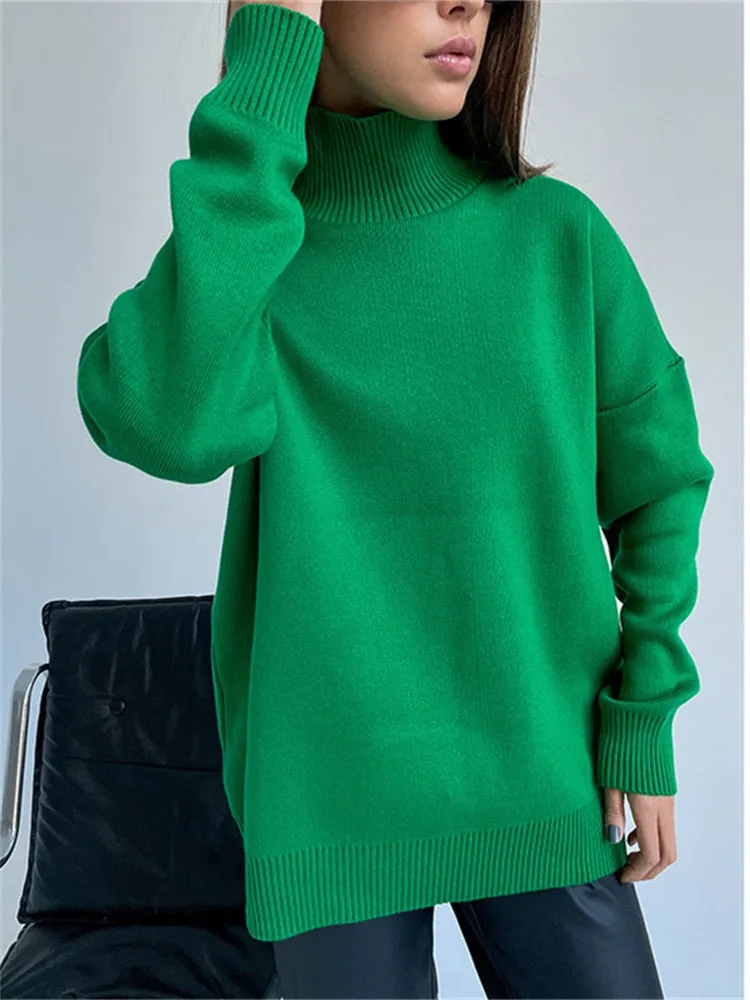 Joskaa Women Turtleneck Sweaters Winter Green Oversize Loose Basic Thick Warm Soft Knitted Pullovers For Women Solid Female Tops 2024