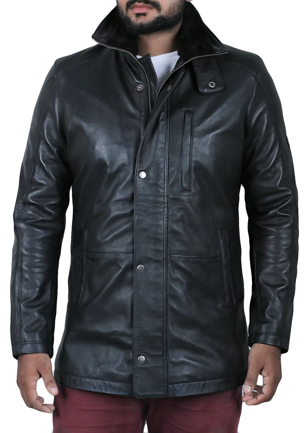 Leather Jackets Hub Mens Genuine Lambskin Leather Over Coat (Black, Long Coat) - 1502208