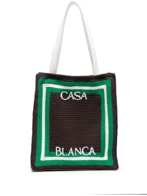 logo-embroidered crochet tote bag