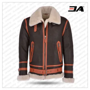 Men Sheepskin Flying Jacket Brown Orange/ Cream