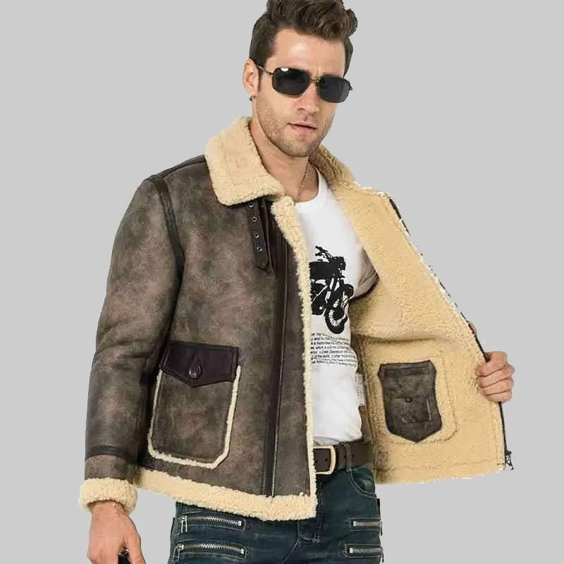 Men's B-3 Bomber Shearling Jacket - Fur Trim Lambskin Aviator Jacket