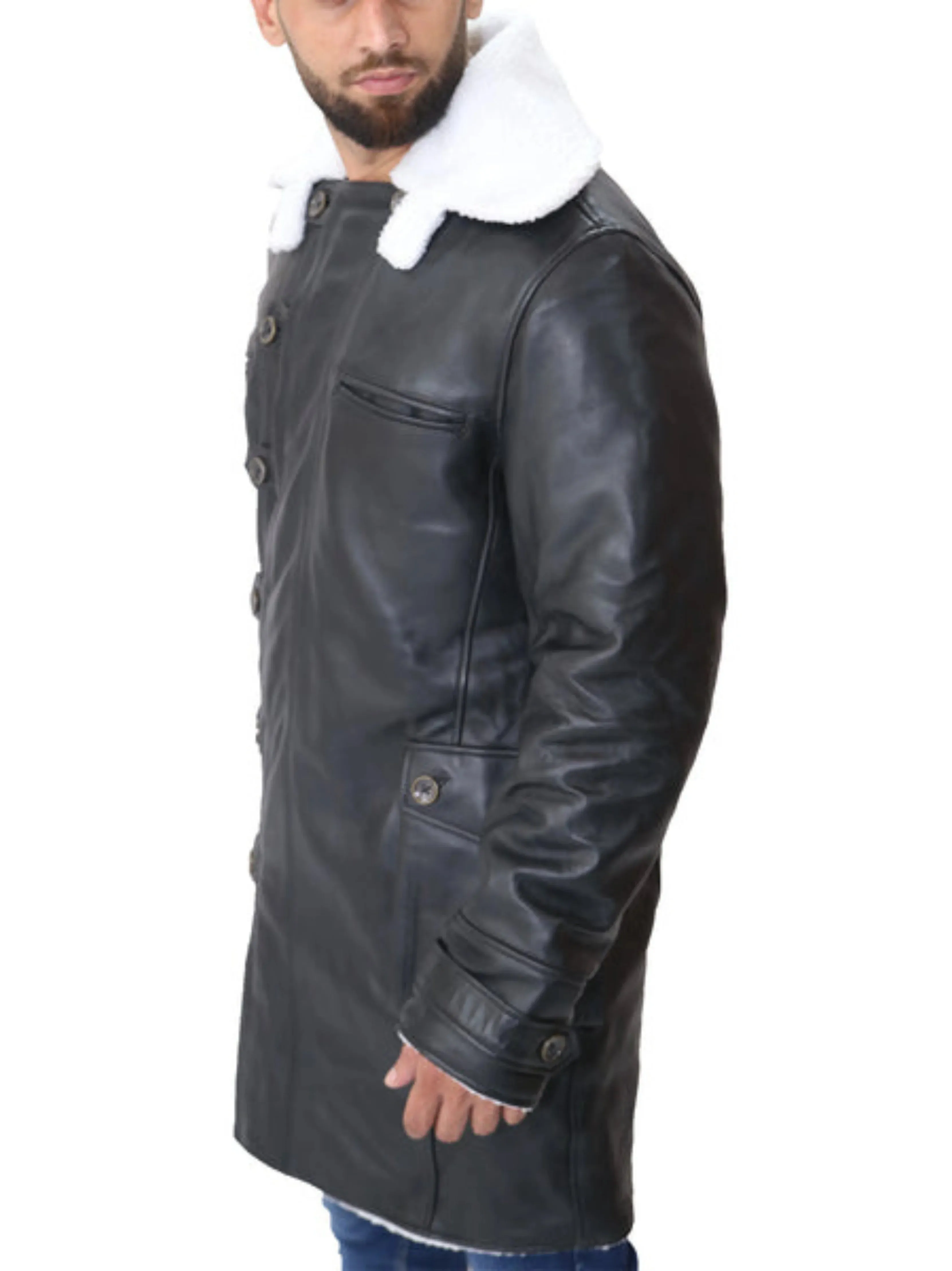 Mens Bane Leather Black Sherpa Coat