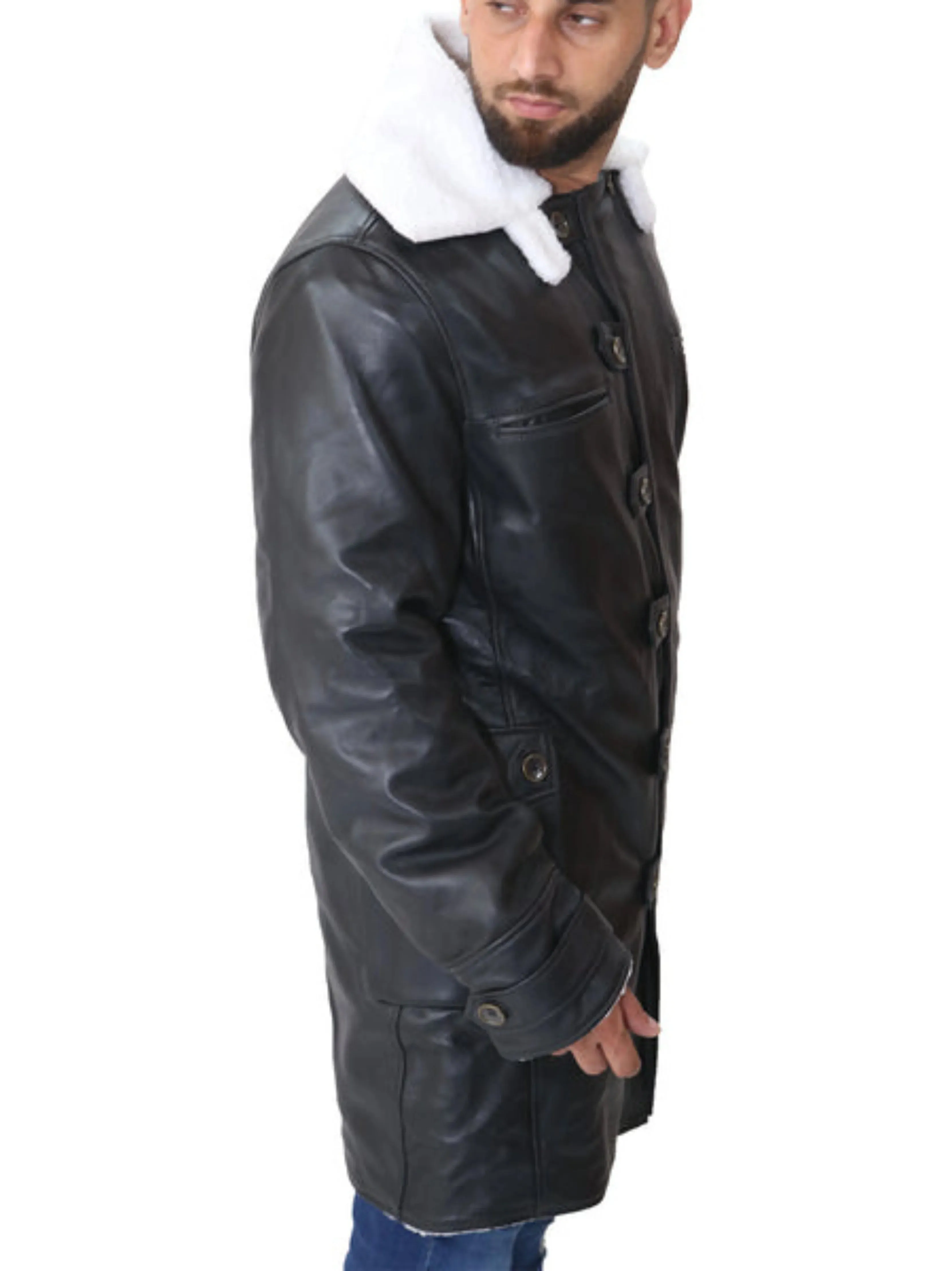 Mens Bane Leather Black Sherpa Coat