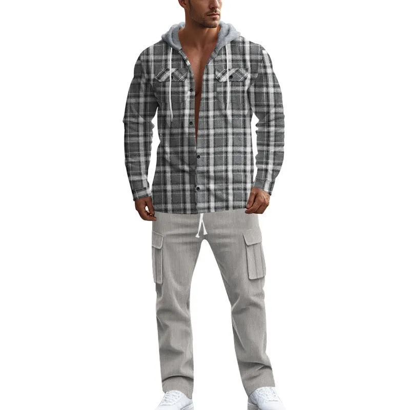 Men's Casual Hooded Flannel Long Sleeve Shirt Corduroy Casual Pants Set 80387542K