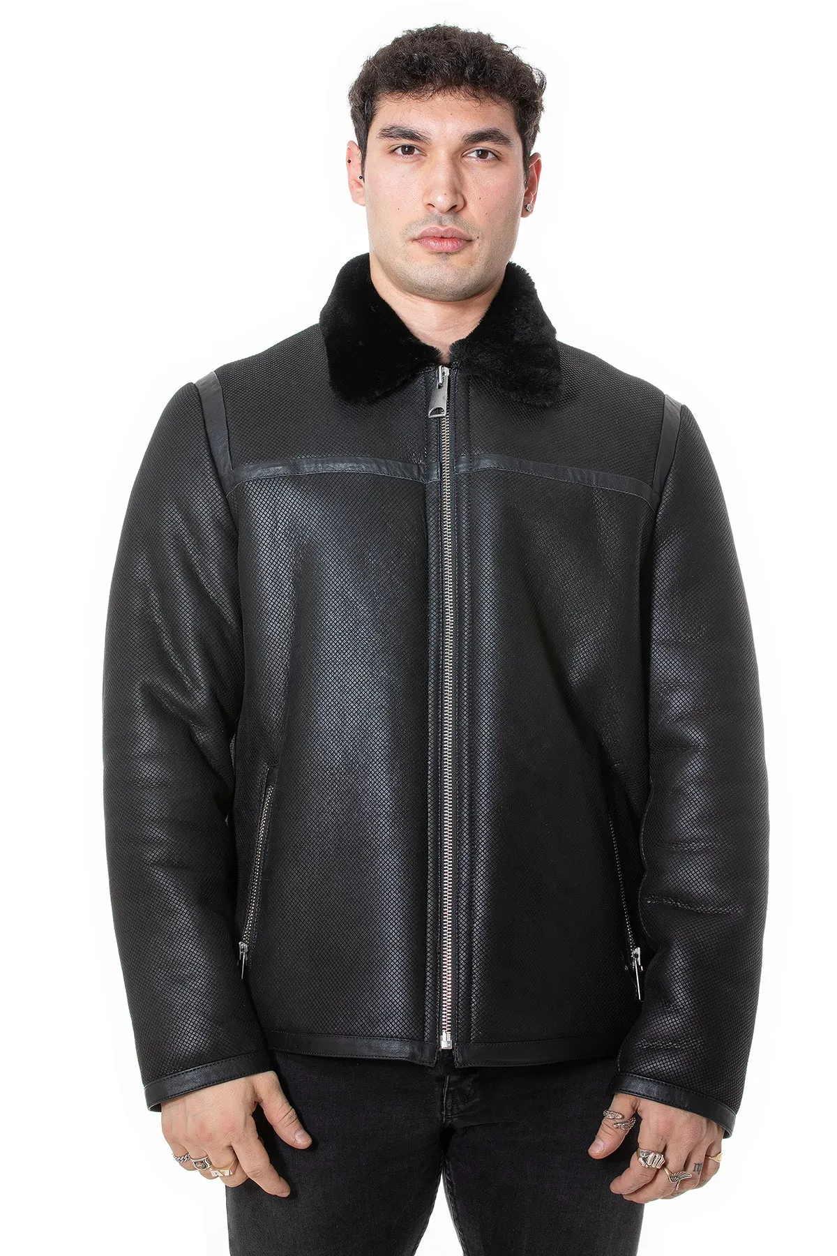 Men's Leather Banded Sheepskin Casual Jacket, Geo Pattern Suede with Black Wool