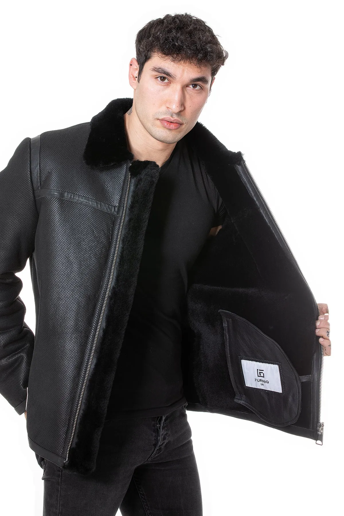 Men's Leather Banded Sheepskin Casual Jacket, Geo Pattern Suede with Black Wool