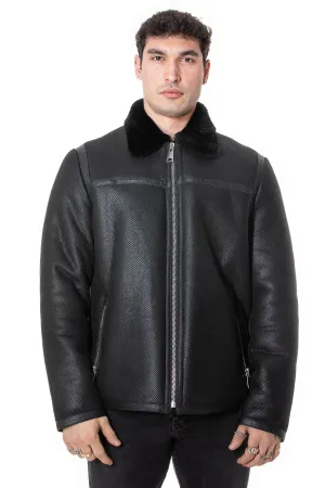 Men's Leather Banded Sheepskin Casual Jacket, Geo Pattern Suede with Black Wool