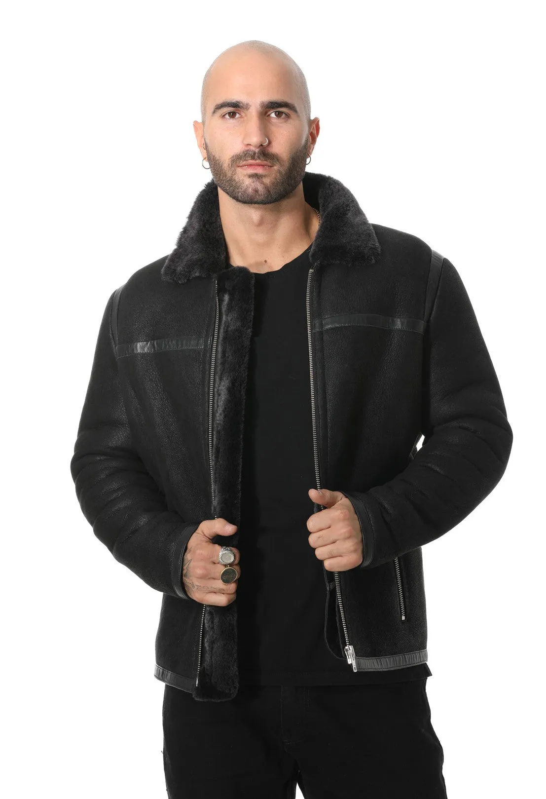 Men's Leather Banded Sheepskin Casual Jacket, Washed Black with Black Wool