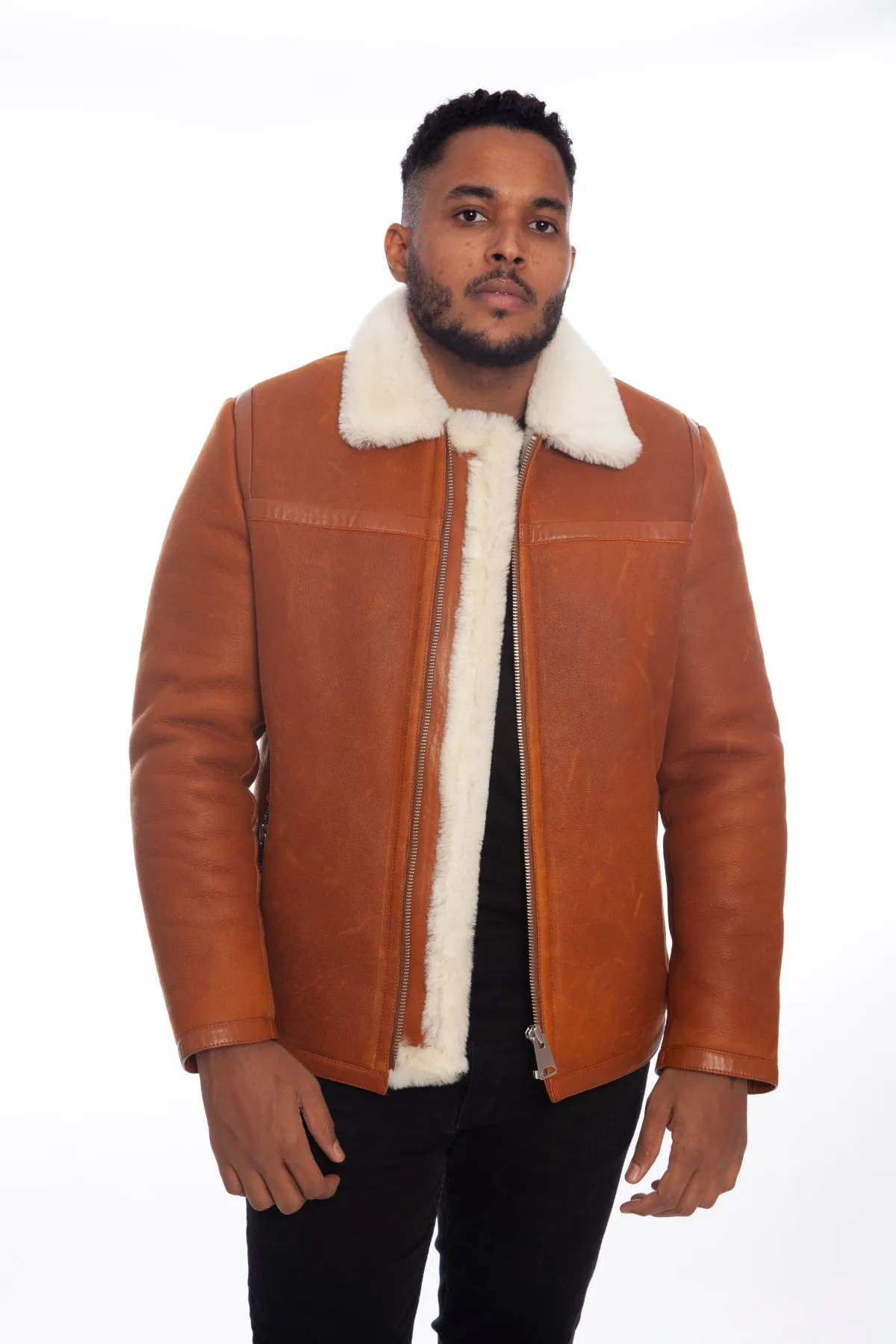 Men's Leather Banded Sheepskin Casual Jacket, Washed Tan with White Wool