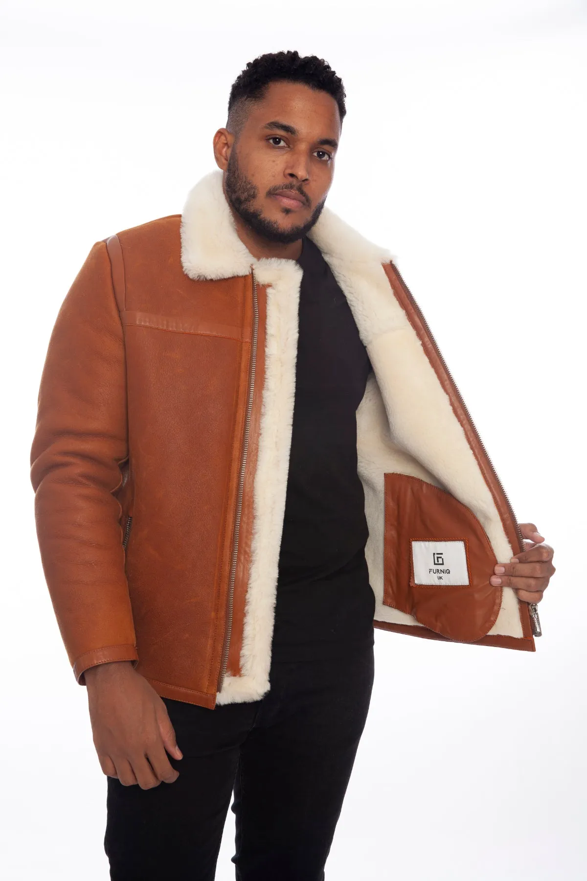 Men's Leather Banded Sheepskin Casual Jacket, Washed Tan with White Wool