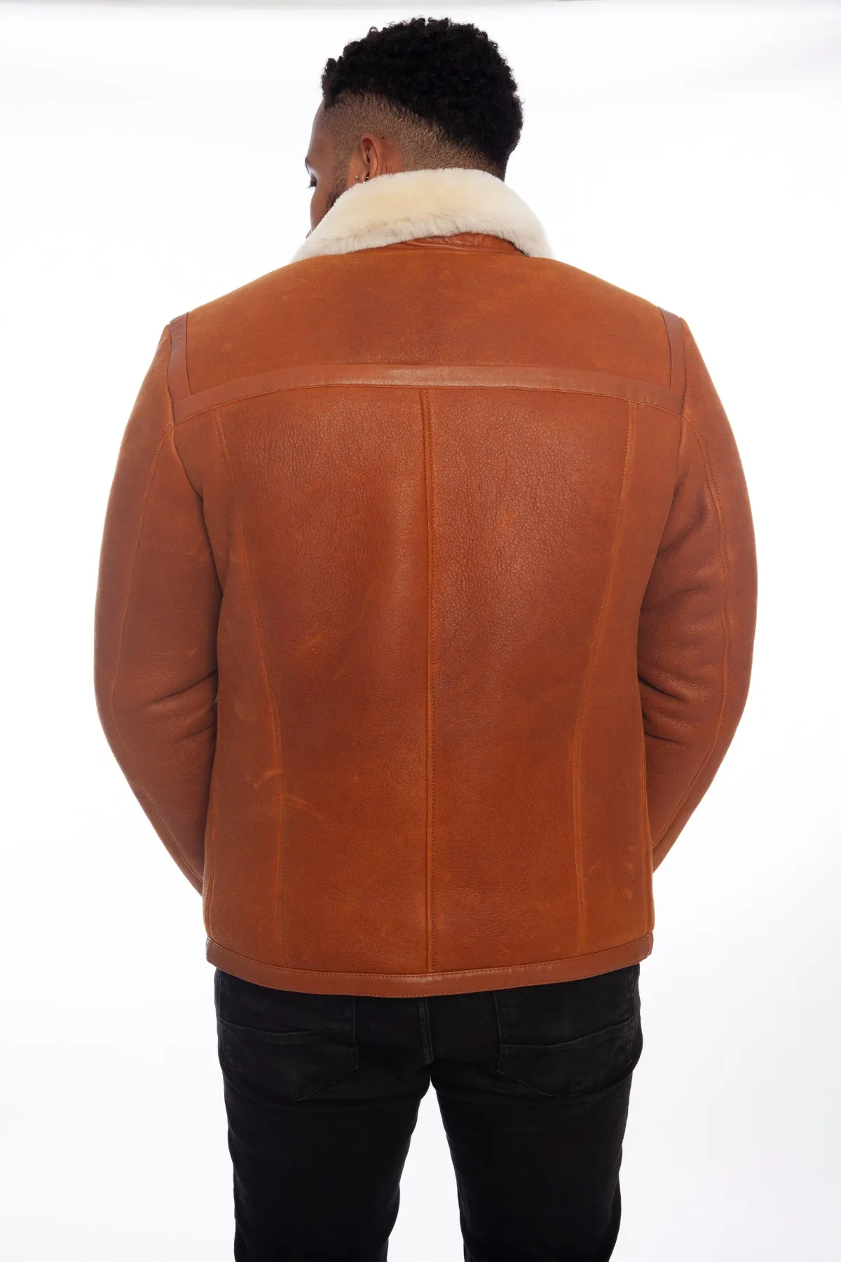 Men's Leather Banded Sheepskin Casual Jacket, Washed Tan with White Wool