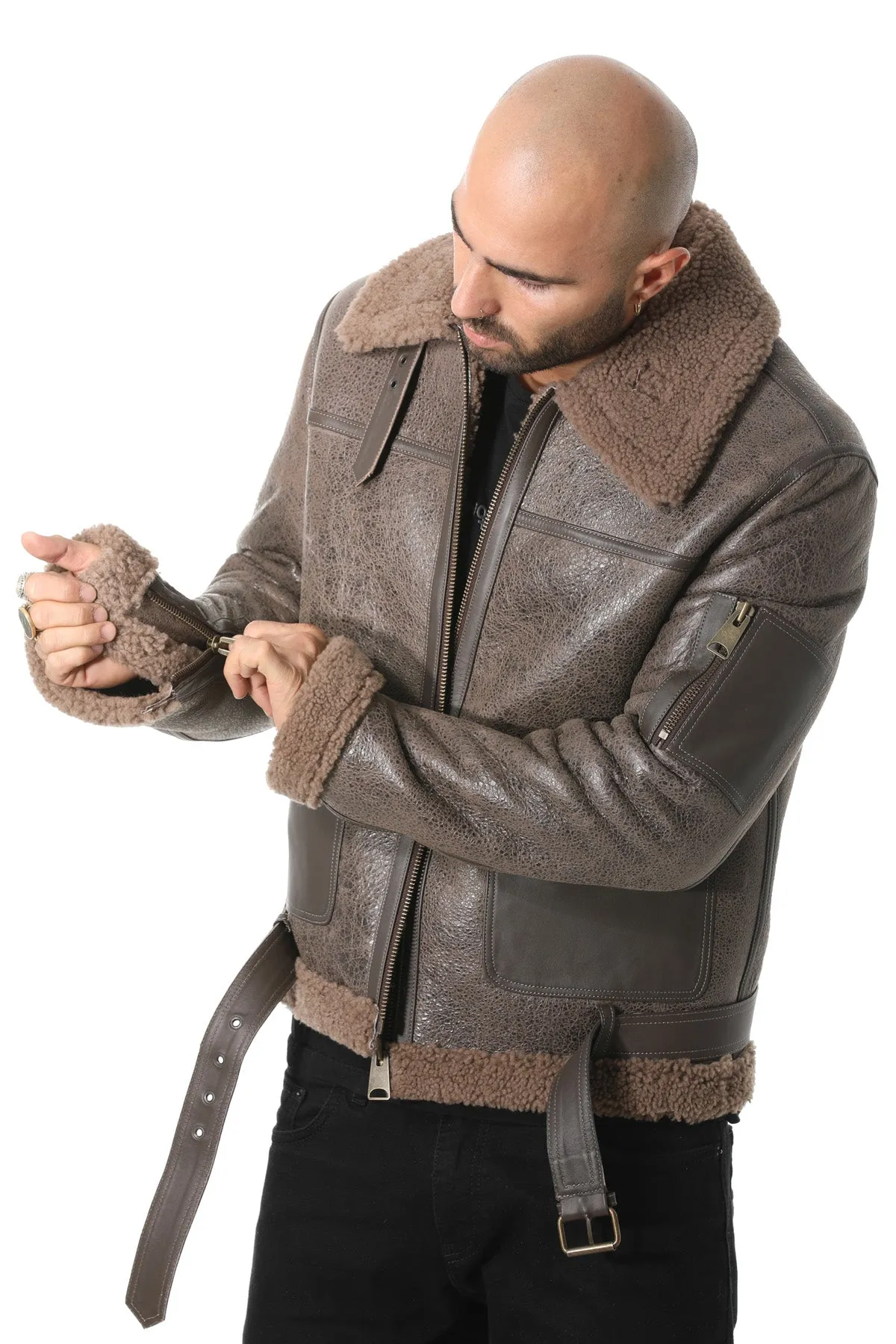 Men's Shearling Belted Pilot Jacket, Vintage Cashmere Curly Wool