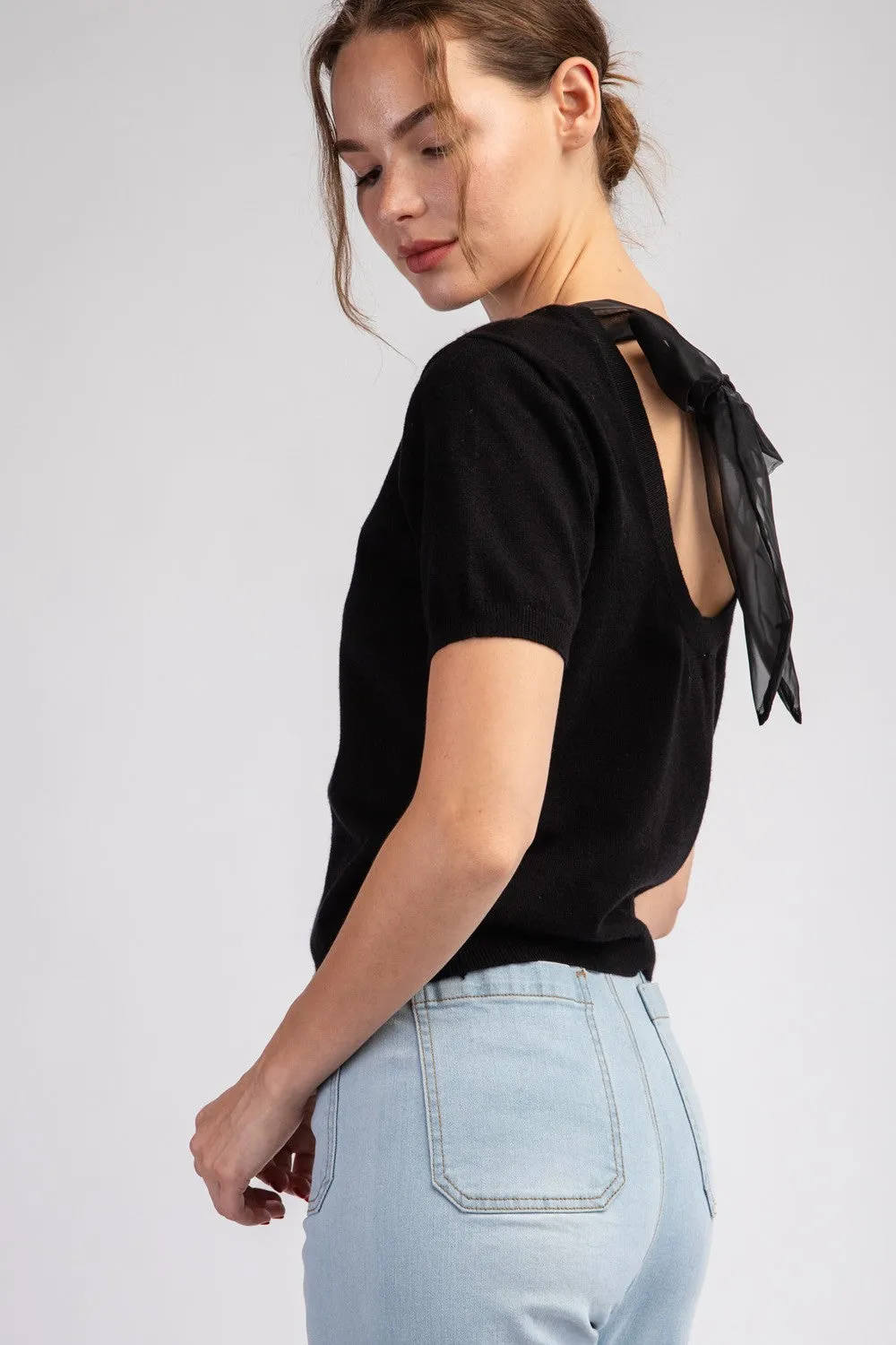 MESH BOW SHORT SLEEVE SWEATER