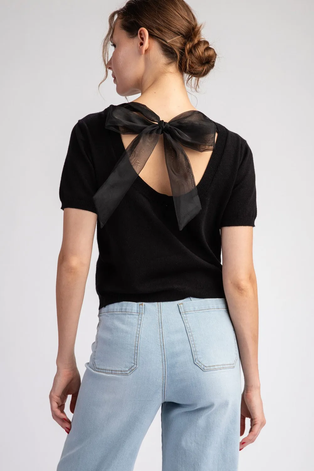 MESH BOW SHORT SLEEVE SWEATER