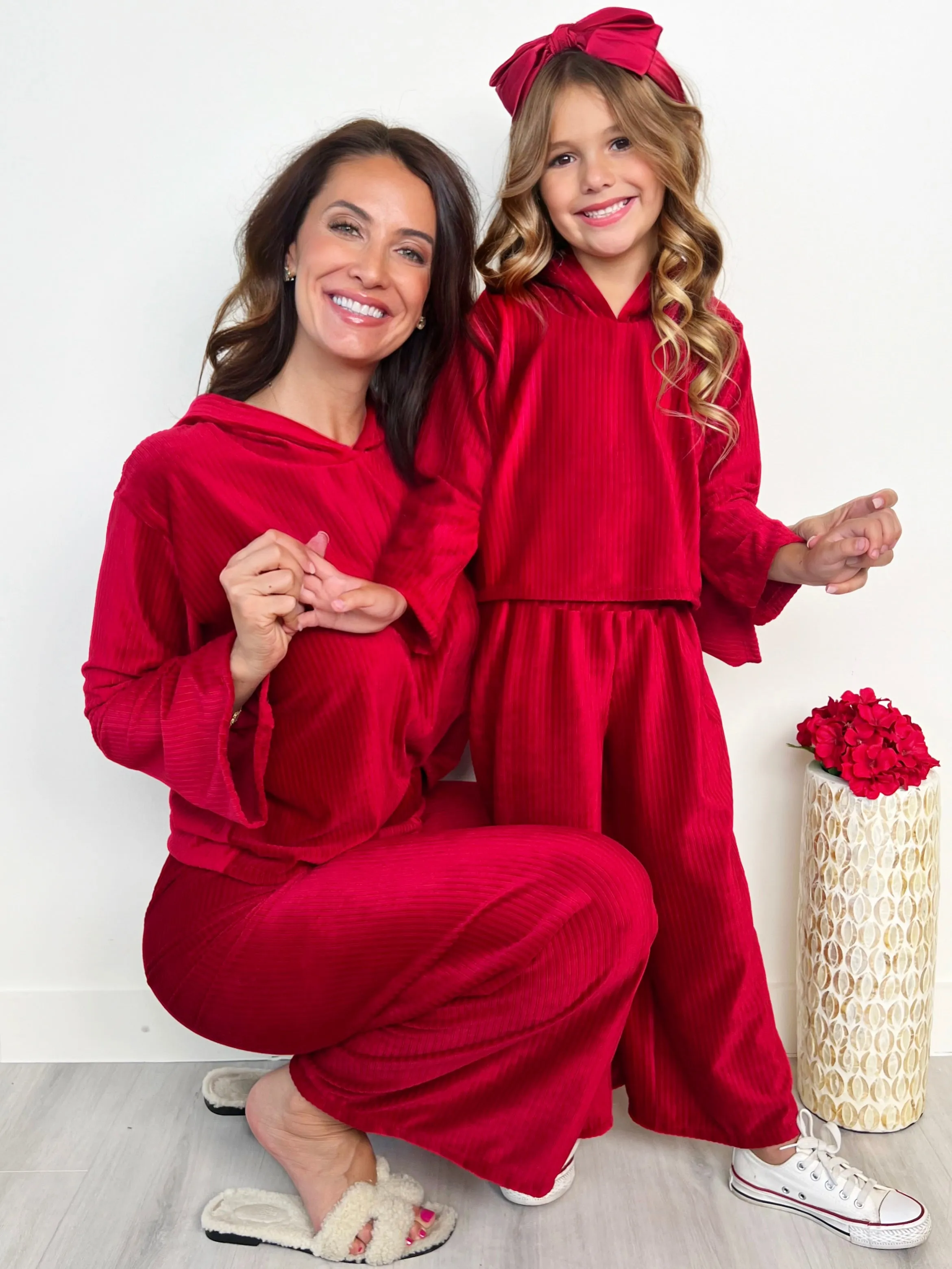 Mommy and Me Cozy Luxe Red Velvet Hooded Pant Set