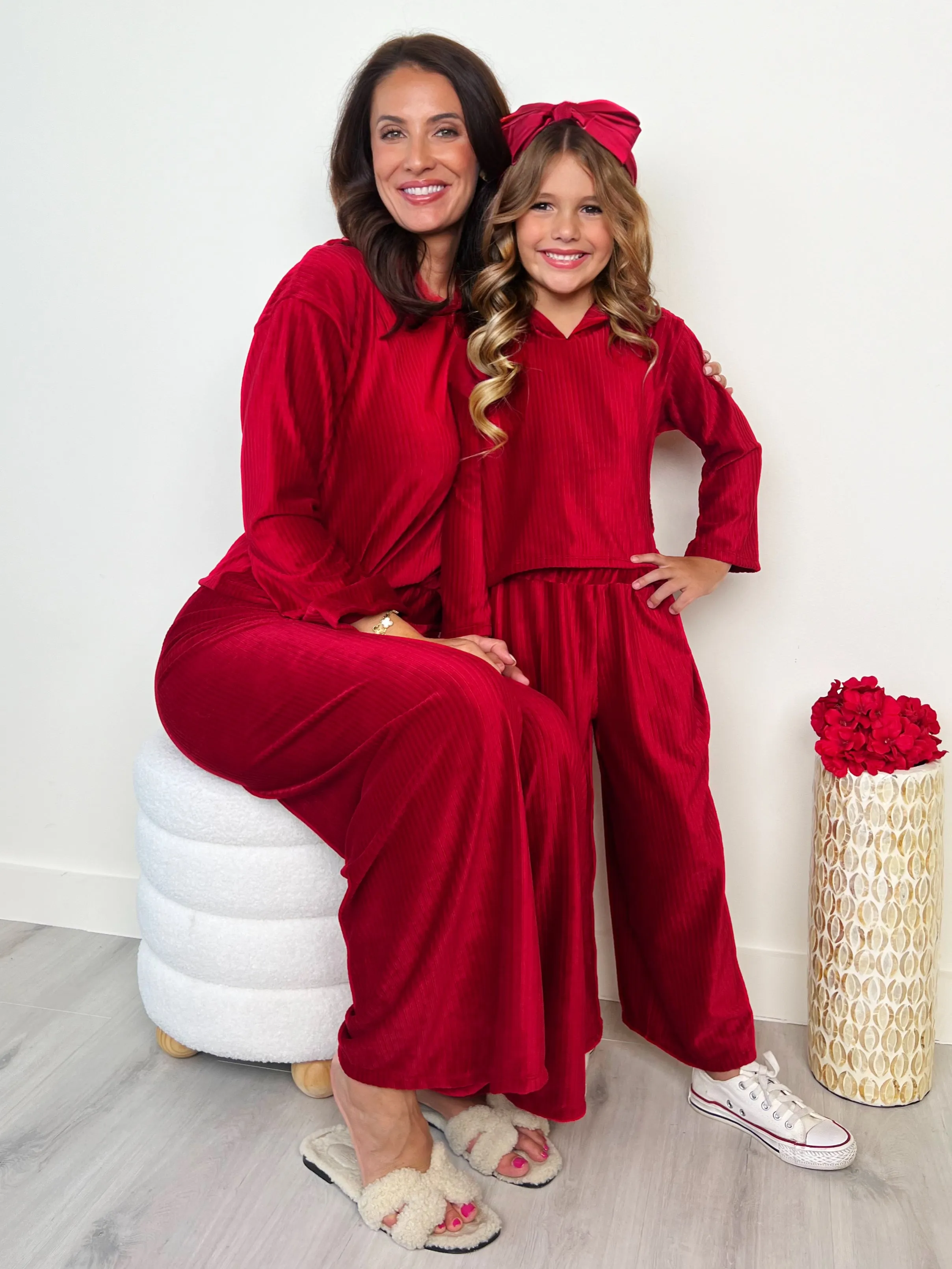 Mommy and Me Cozy Luxe Red Velvet Hooded Pant Set