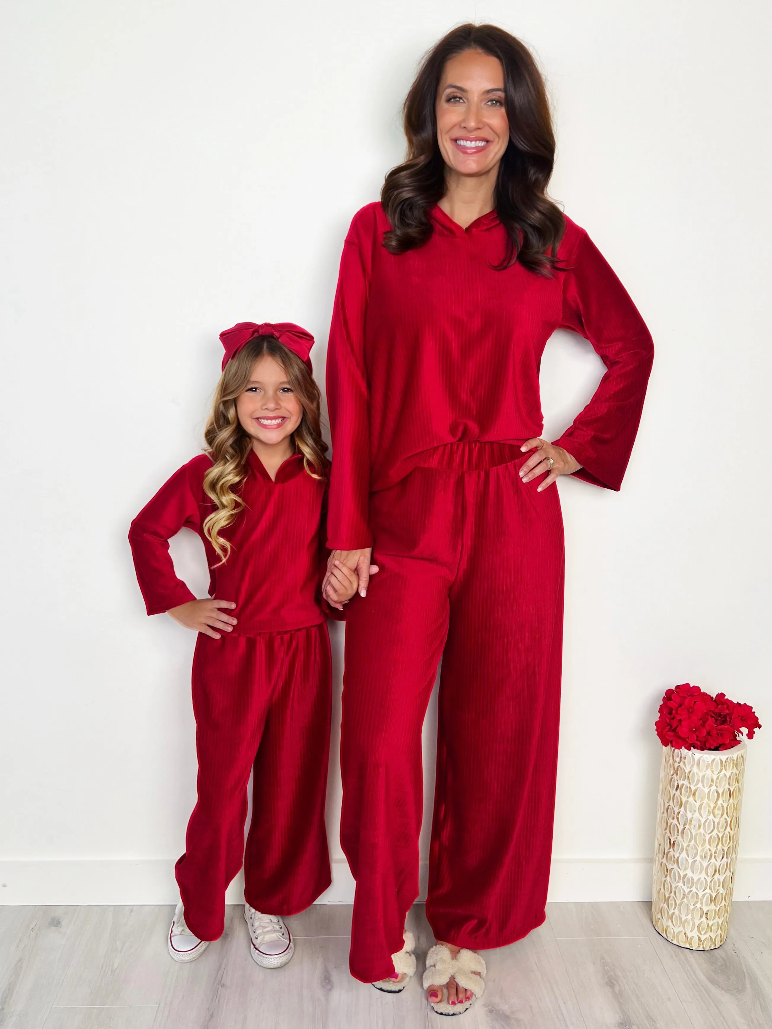 Mommy and Me Cozy Luxe Red Velvet Hooded Pant Set