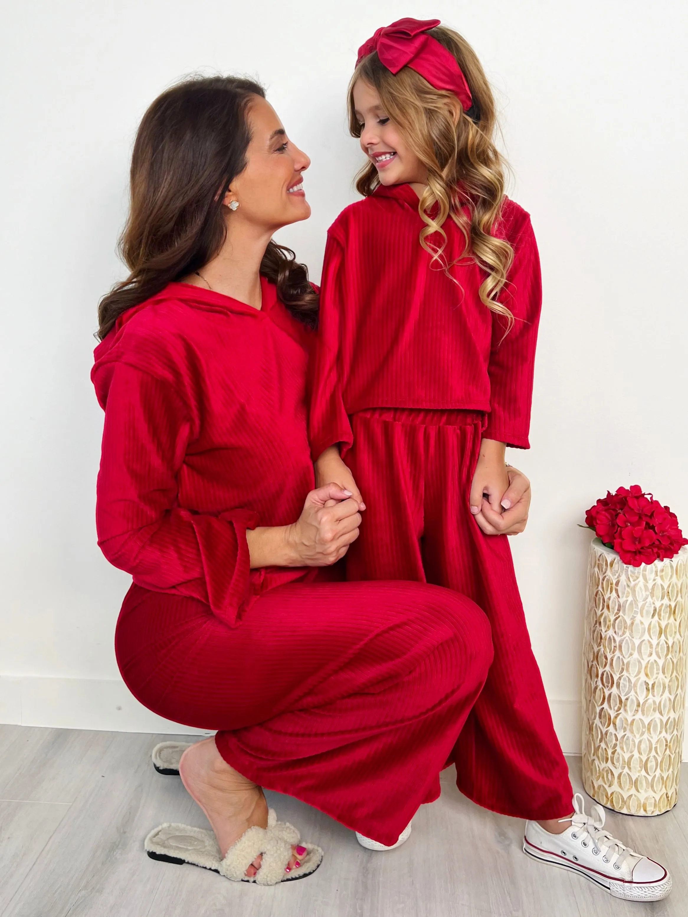 Mommy and Me Cozy Luxe Red Velvet Hooded Pant Set