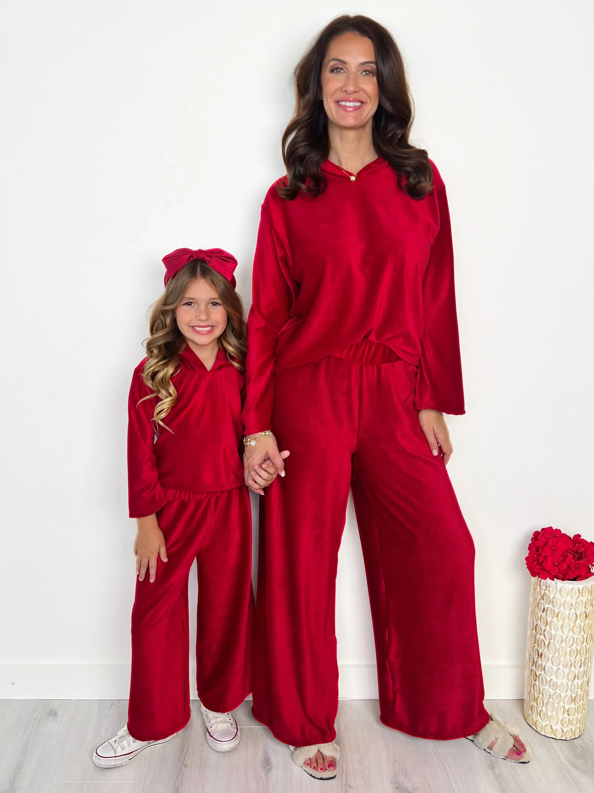 Mommy and Me Cozy Luxe Red Velvet Hooded Pant Set