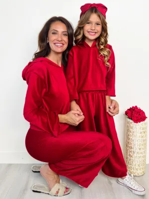 Mommy and Me Cozy Luxe Red Velvet Hooded Pant Set